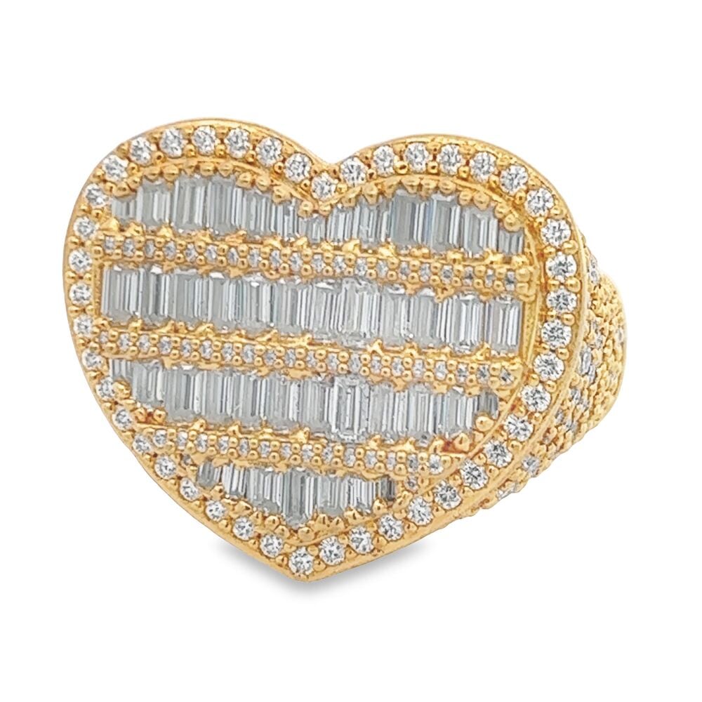 Heart Baguette VVS Moissanite Ring .925 Sterling Silver 7 Yellow Gold HipHopBling