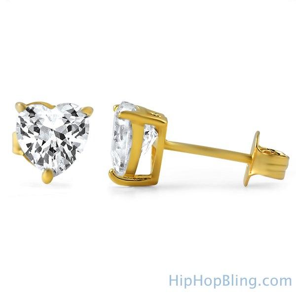 Heart Cut CZ Stud Earrings Gold .925 Silver HipHopBling