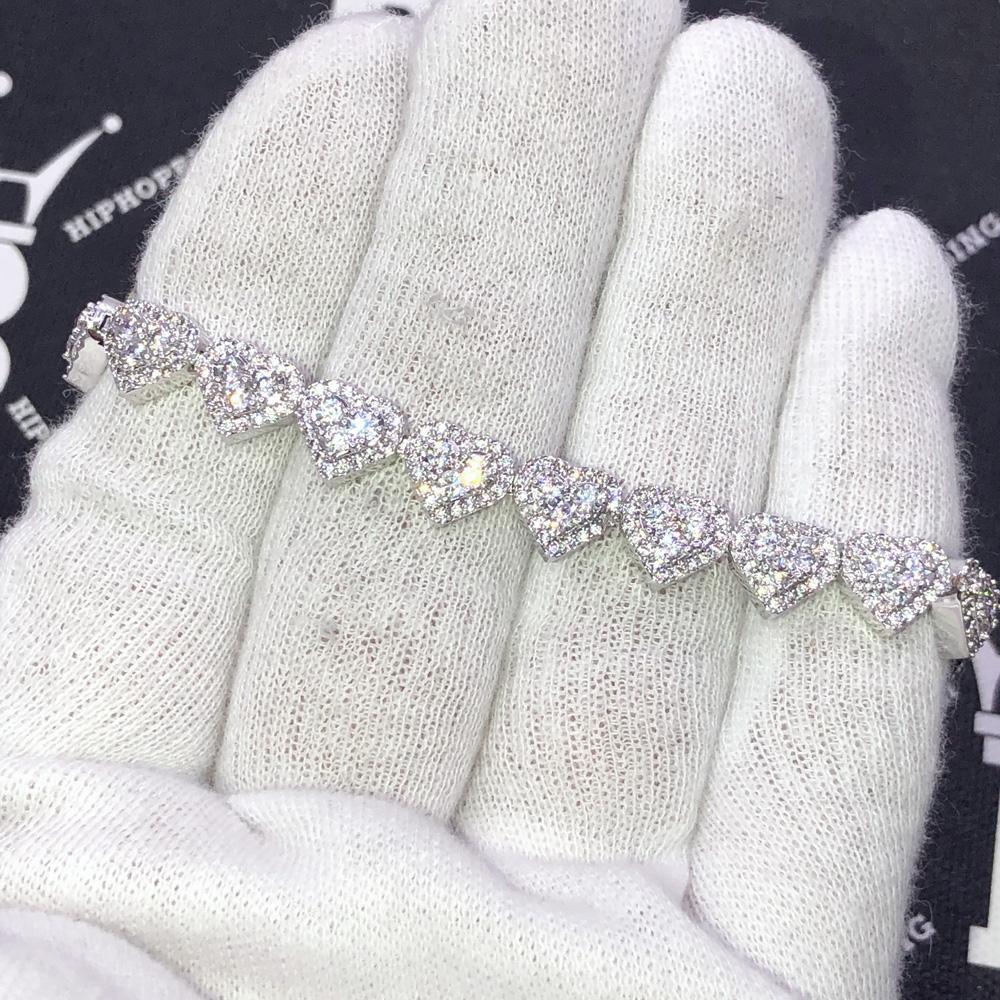 Heart Link Bracelet Iced Out Hip Hop Bracelet White Gold 8" HipHopBling