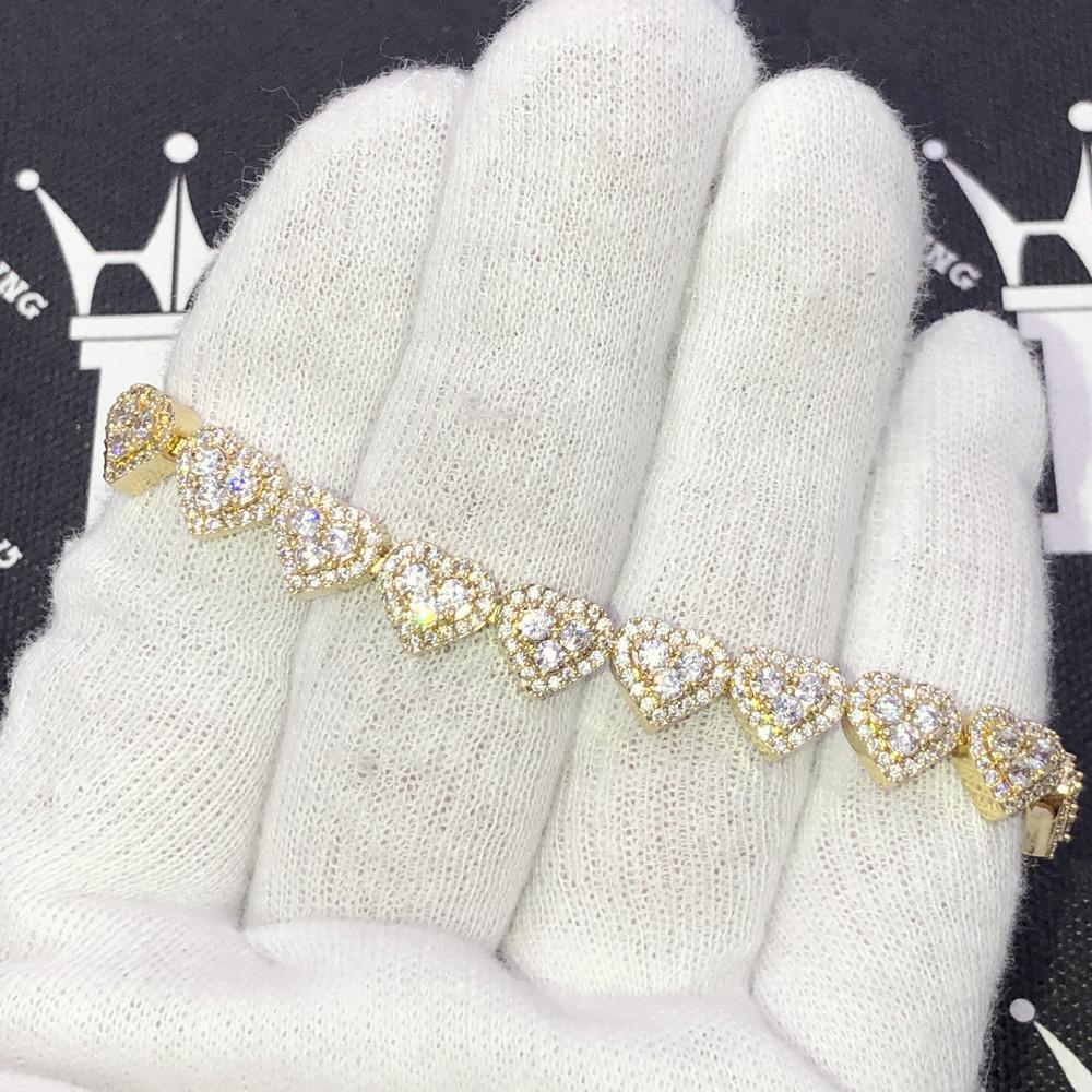 Heart Link Bracelet Iced Out Hip Hop Bracelet Yellow Gold 8" HipHopBling