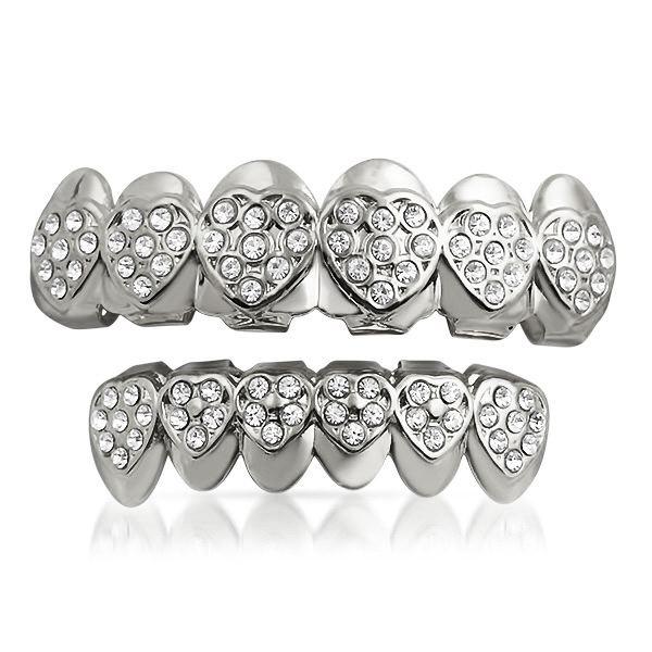 Heart Teeth Silver Grillz Top Bottom Set HipHopBling