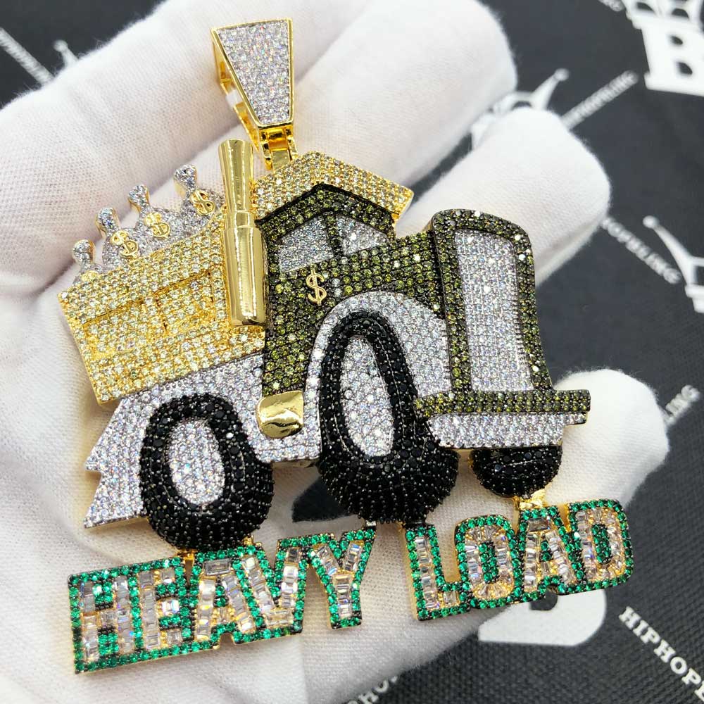 Heavy Load Money Dump Truck CZ Hip Hop Iced Out Pendant White Gold HipHopBling