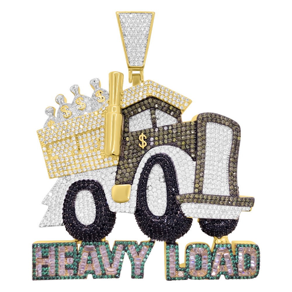 Heavy Load Money Dump Truck CZ Hip Hop Iced Out Pendant Yellow Gold HipHopBling