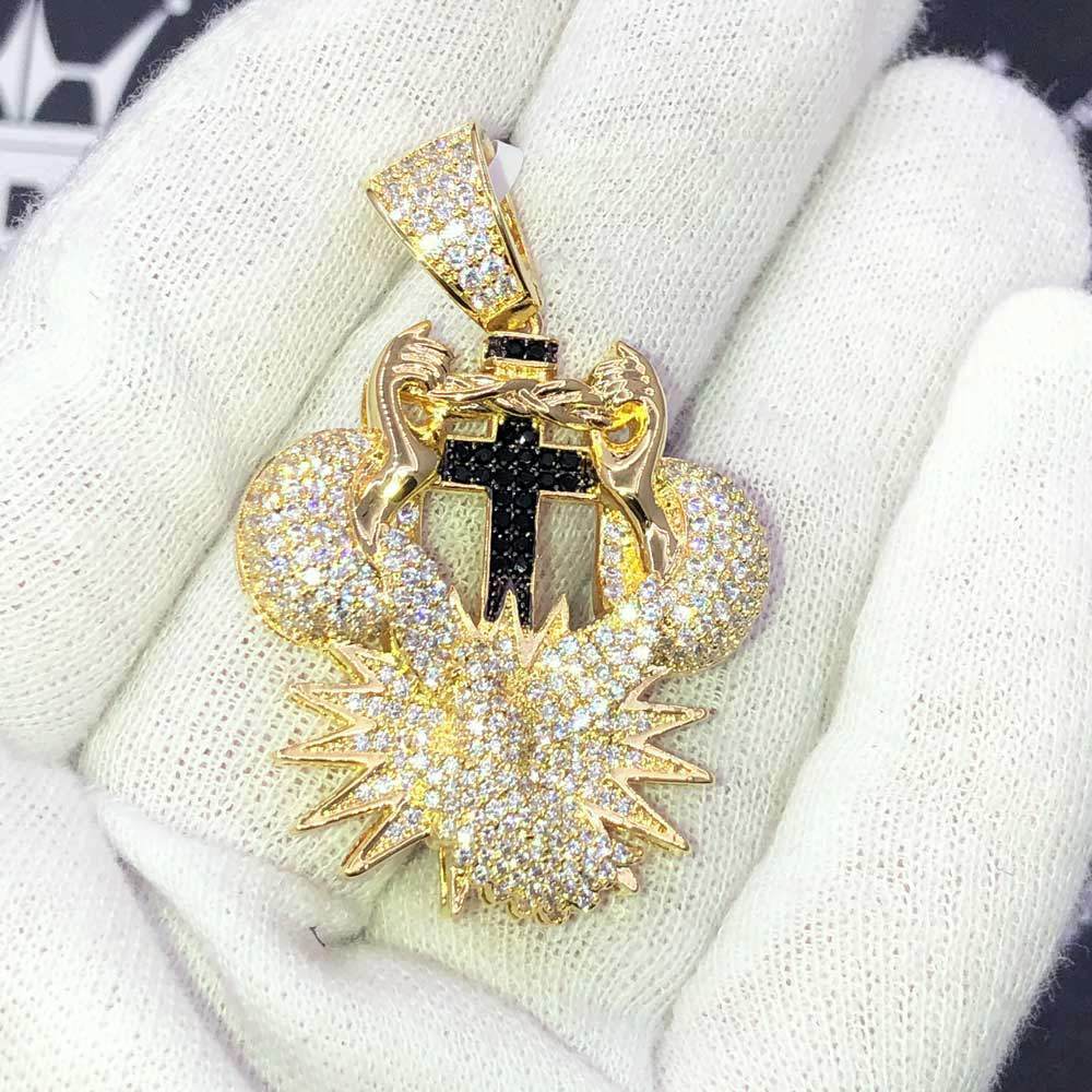 Holding the Cross CZ Hip Hop Bling Bling Pendant White Gold HipHopBling