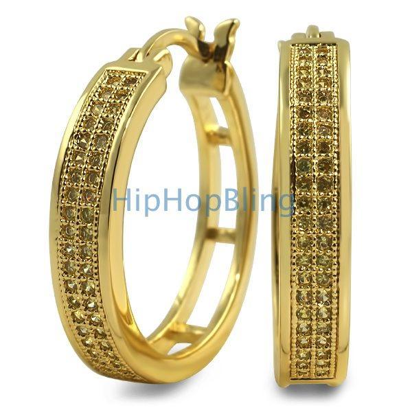 Hoops 2 Row CZ Micro Pave Earrings Canary Gold HipHopBling