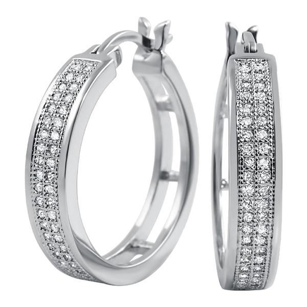 Hoops 2 Row CZ Micro Pave Earrings White Gold HipHopBling