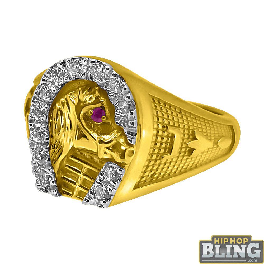 Horseshoe 10K Yellow Gold CZ Mens Bling Ring 10 HipHopBling