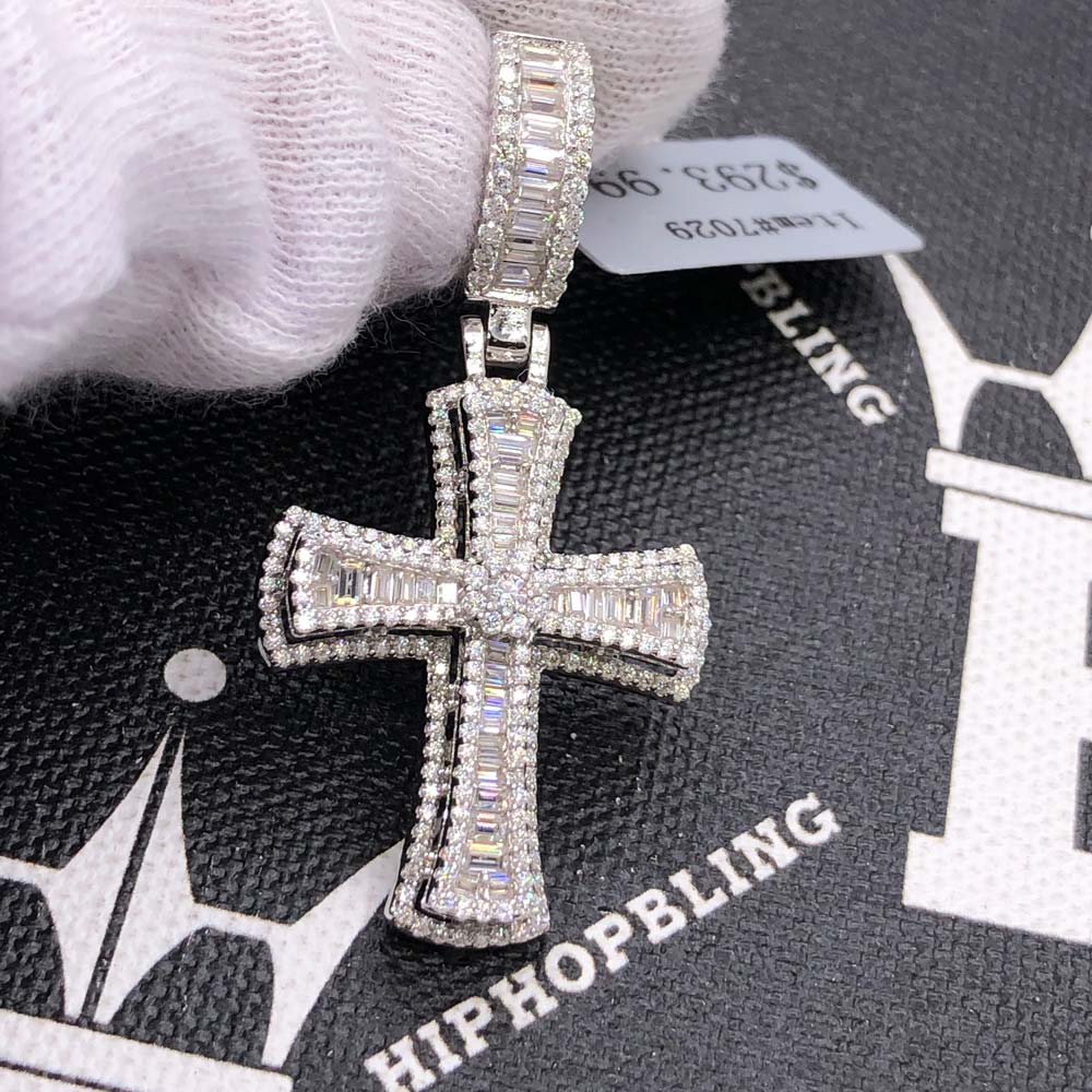 Hot Baguette Cross VVS Moissanite Pendant 2.15cttw .925 Sterling Silver HipHopBling