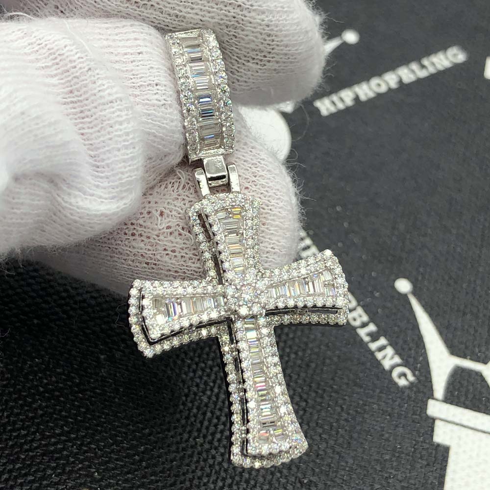 Hot Baguette Cross VVS Moissanite Pendant 2.15cttw .925 Sterling Silver HipHopBling
