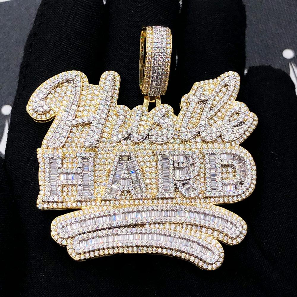 Hustle Hard Baguette VVS CZ Hip Hop Iced Out Pendant Yellow Gold HipHopBling