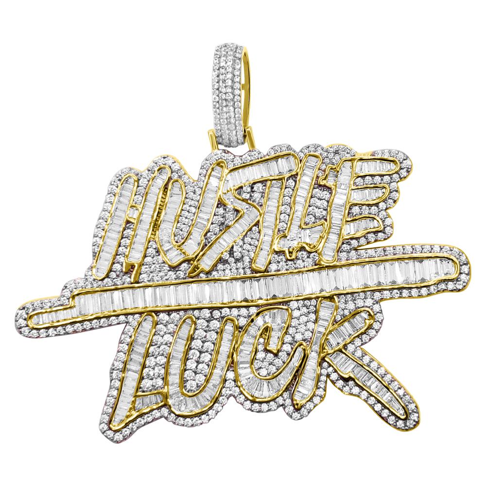 Hustle Luck Baguette VVS CZ Hip Hop Iced Out Pendant Yellow Gold HipHopBling