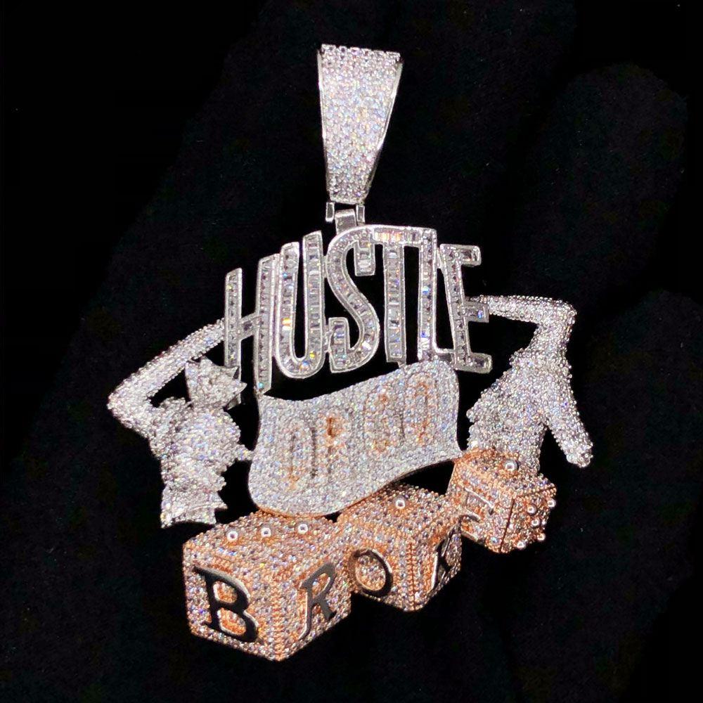 Hustle or Go Broke Dice VVS CZ Hip Hop Bling Pendant White Gold HipHopBling