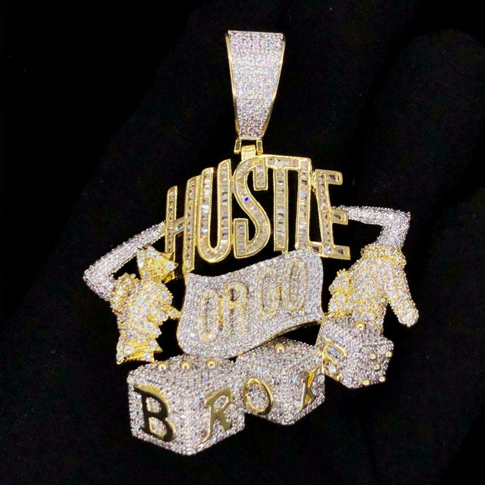 Hustle or Go Broke Dice VVS CZ Hip Hop Bling Pendant Yellow Gold HipHopBling