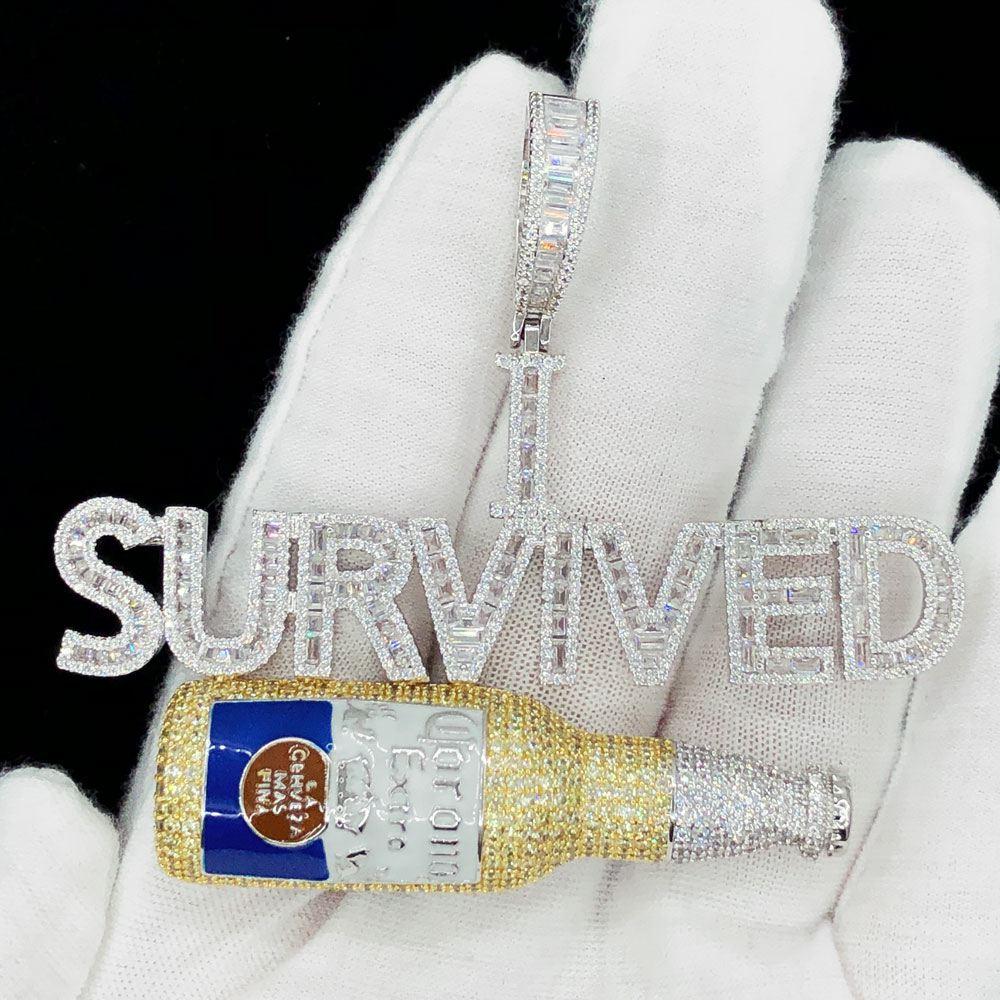 I Survived Corona Baguette CZ Hip Hop Bling Bling Pendant White Gold HipHopBling