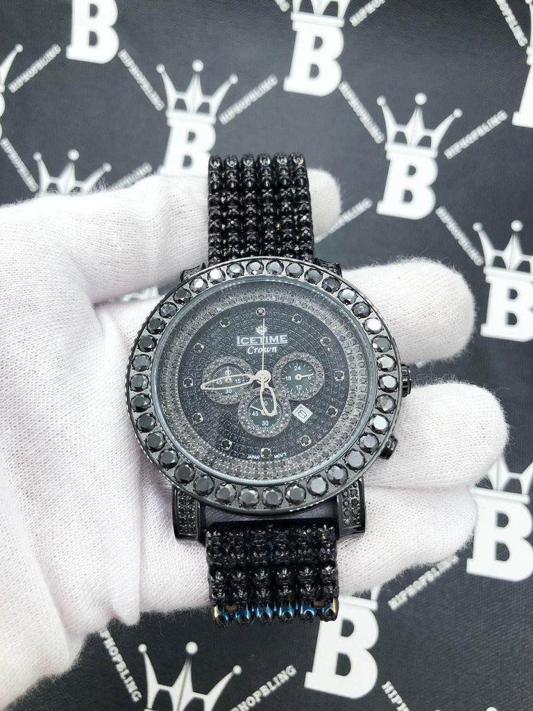 Ice Time Crown 10cttw Black Diamond Watch HipHopBling