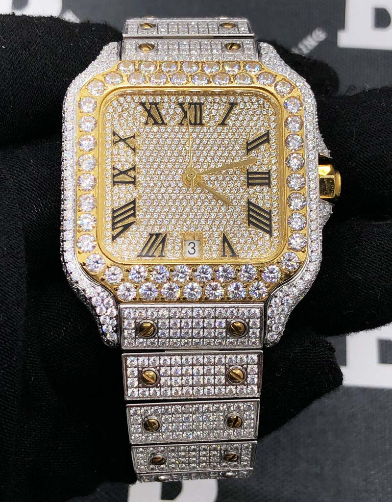 Iced Out Baller Square CZ Steel Bust Down Watch TT Gold/White HipHopBling