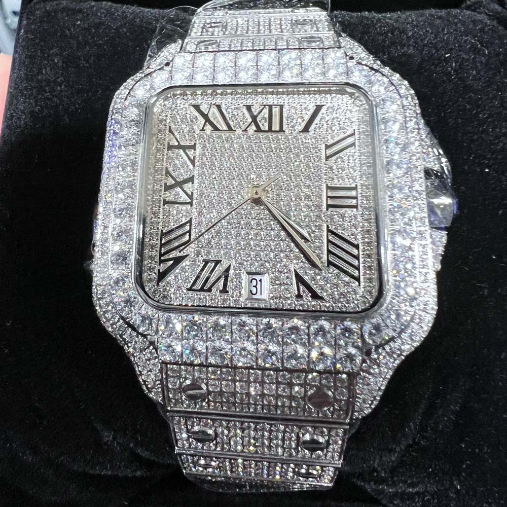 Iced Out Baller Square CZ Steel Bust Down Watch White Gold HipHopBling