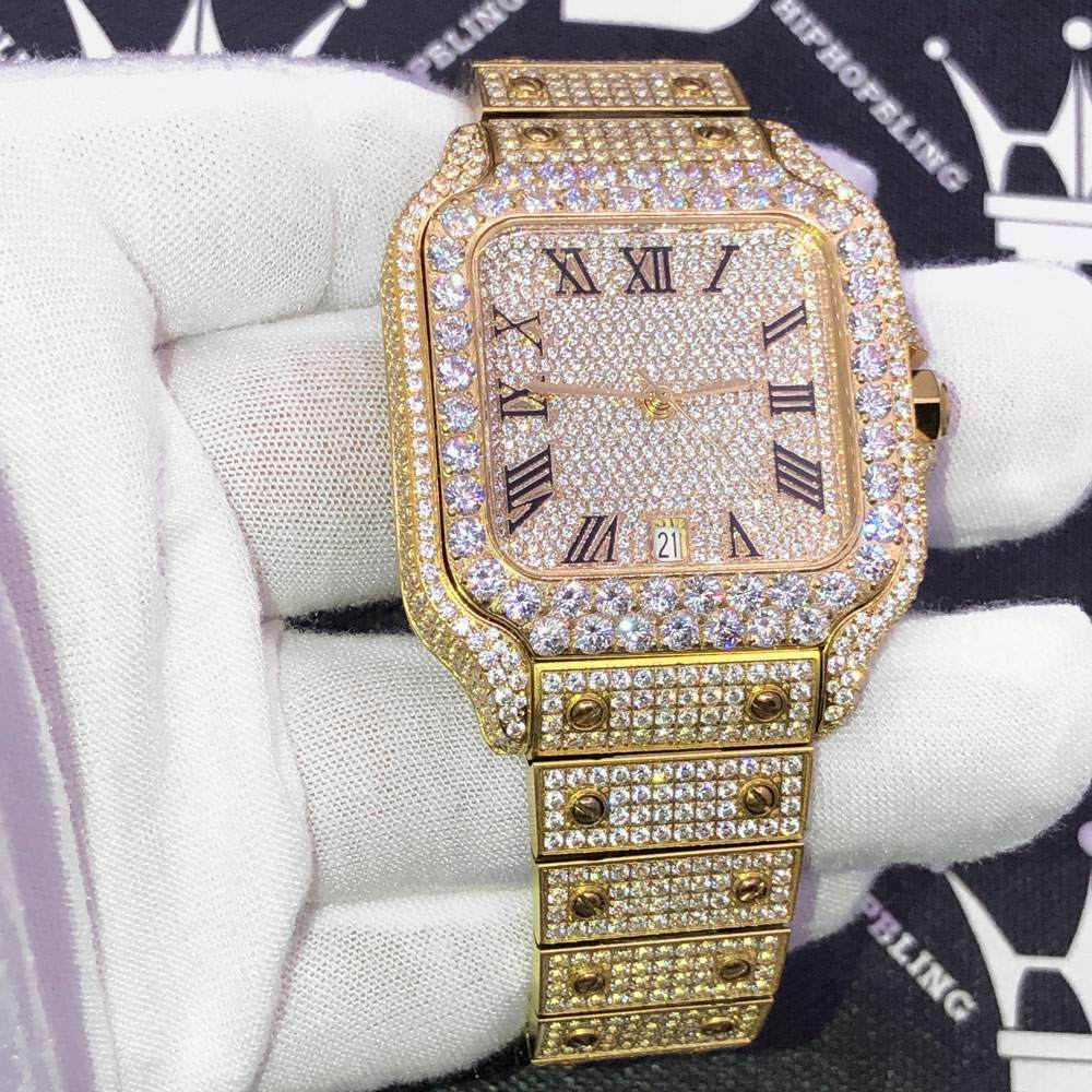 Iced Out Baller Square CZ Steel Bust Down Watch Yellow Gold HipHopBling