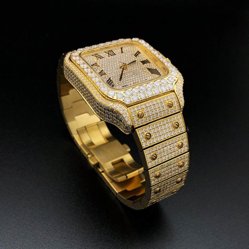Iced Out Baller Square CZ Steel Bust Down Watch Yellow Gold HipHopBling