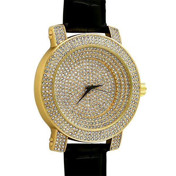 Iced Out Bling Bling Stadium Gold Black Leather Watch HipHopBling