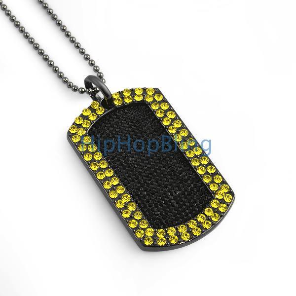 Iced Out Blizzard Yellow & Black Dog Tag+ Chain HipHopBling