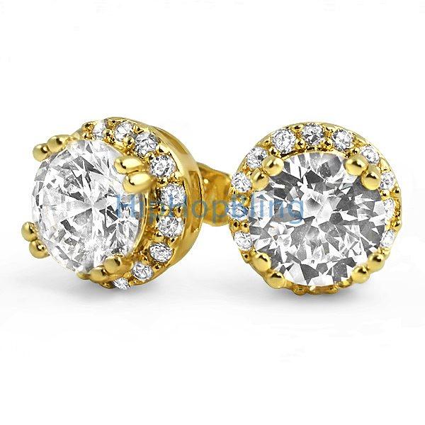 Iced Out Border Solitaire Gold Bling Bling Earrings HipHopBling