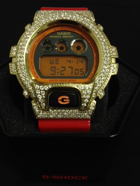 Iced Out Gold G Shock Red Watch DW6900 HipHopBling