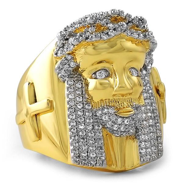 Iced Out Gold Jesus Ring with Cross HipHopBling
