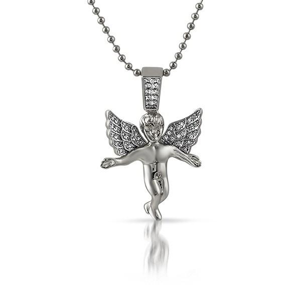 Iced Out Micro Angel Pendant Rhodium HipHopBling