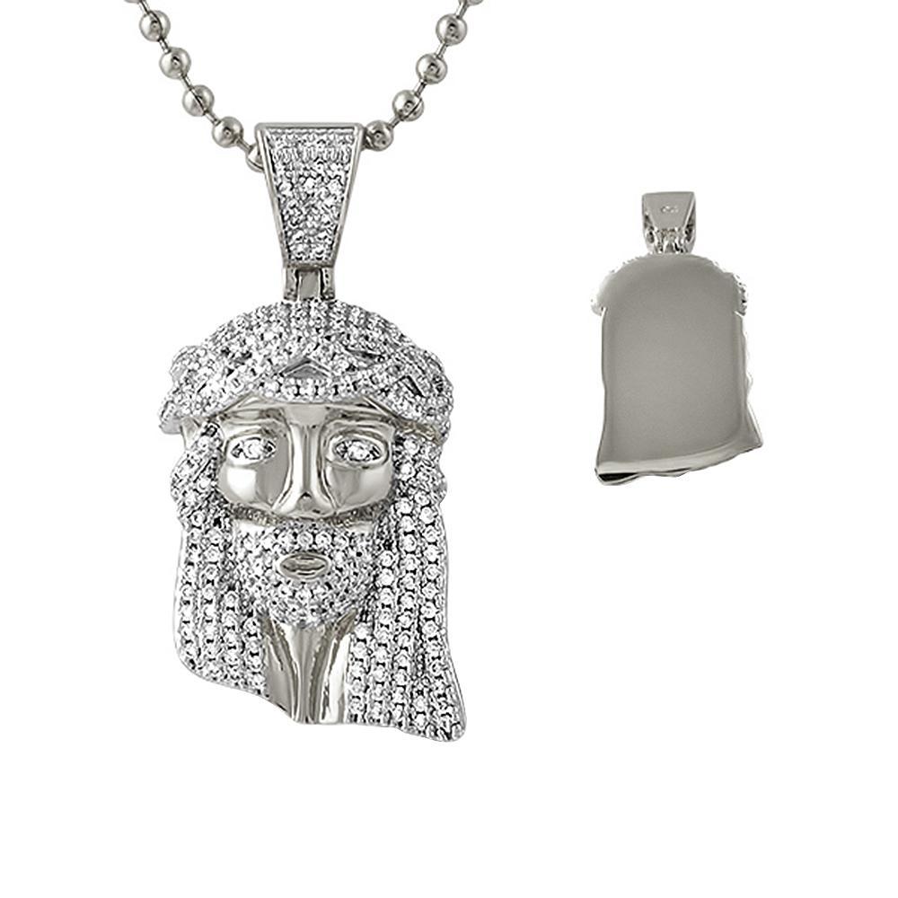 Iced Out Micro Jesus Rhodium Pendant Solid Back HipHopBling