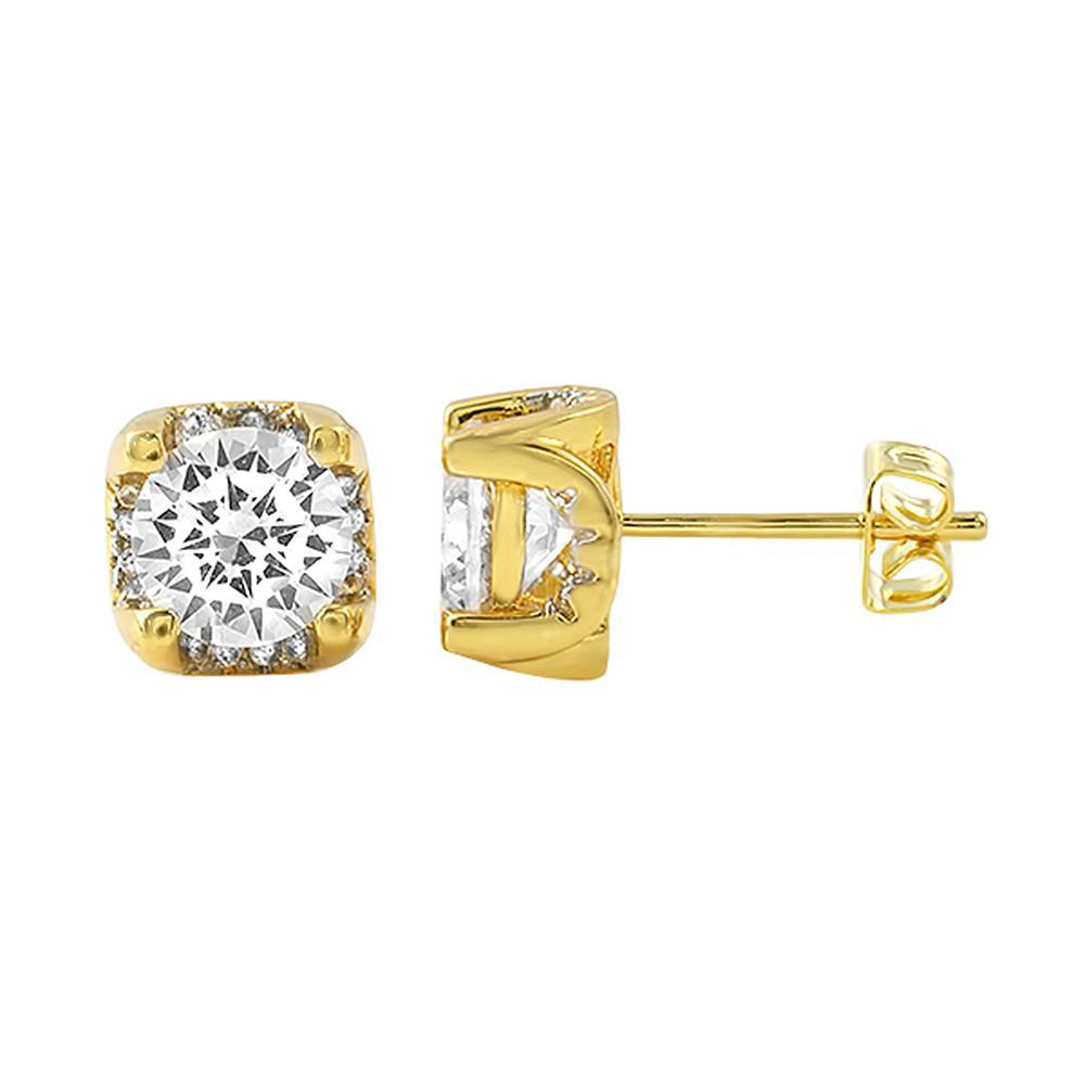 Iced Out Setting Gold CZ Stud Earrings HipHopBling