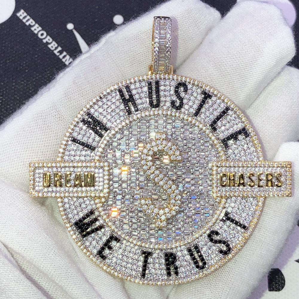 In Hustle We Trust Baguette VVS CZ Iced Out Pendant Yellow Gold HipHopBling