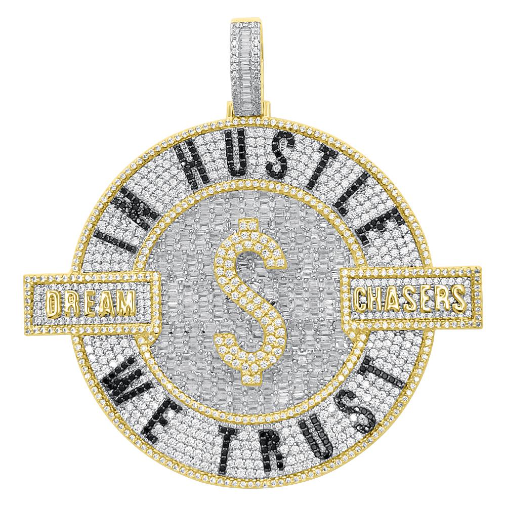 In Hustle We Trust Baguette VVS CZ Iced Out Pendant Yellow Gold HipHopBling