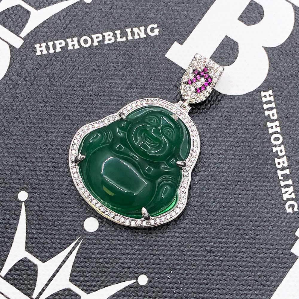Jade Lucky Buddha CZ Gold Pendant White Gold HipHopBling