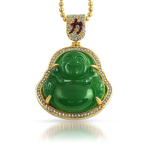Jade Lucky Buddha CZ Gold Pendant Yellow Gold HipHopBling