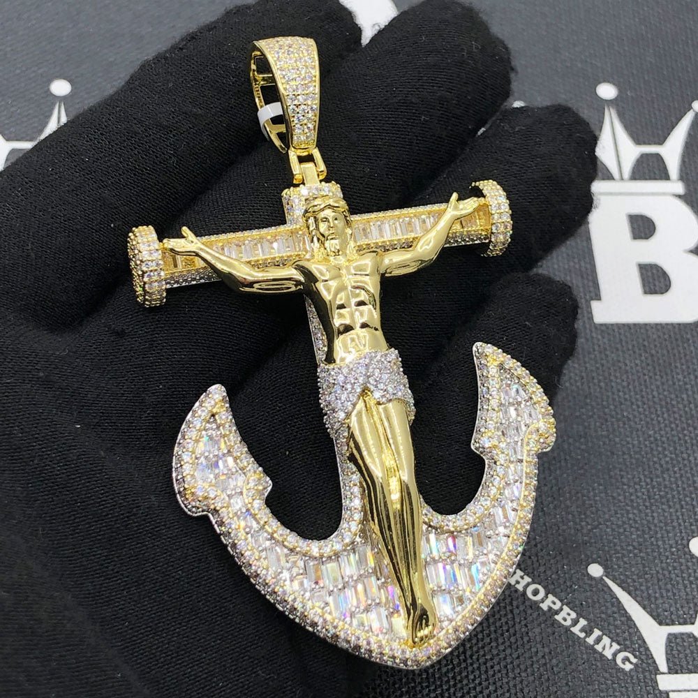 Jesus Anchor Baguette VVS CZ Hip Hop Iced Out Pendant Yellow Gold HipHopBling