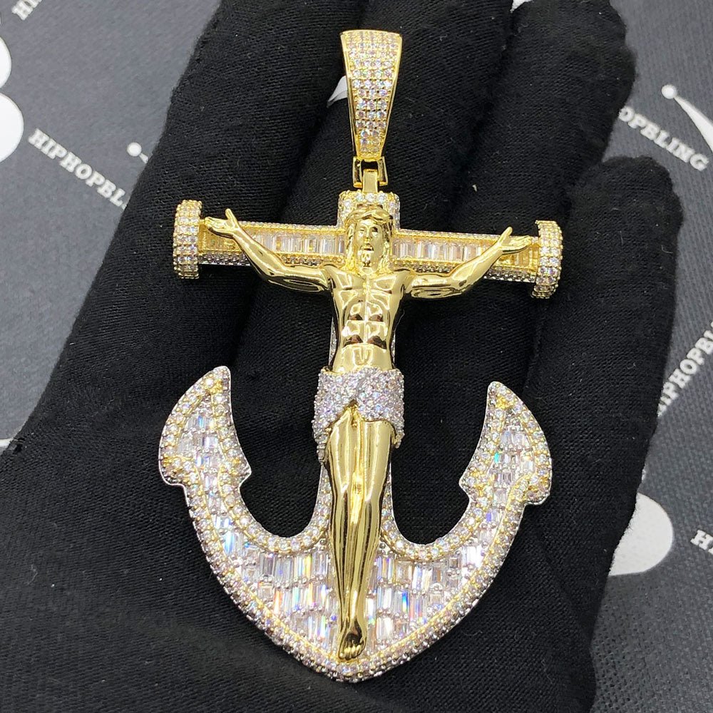 Jesus Anchor Baguette VVS CZ Hip Hop Iced Out Pendant Yellow Gold HipHopBling