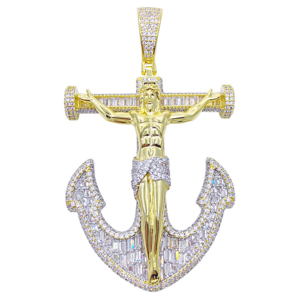 Jesus Anchor Baguette VVS CZ Hip Hop Iced Out Pendant Yellow Gold HipHopBling