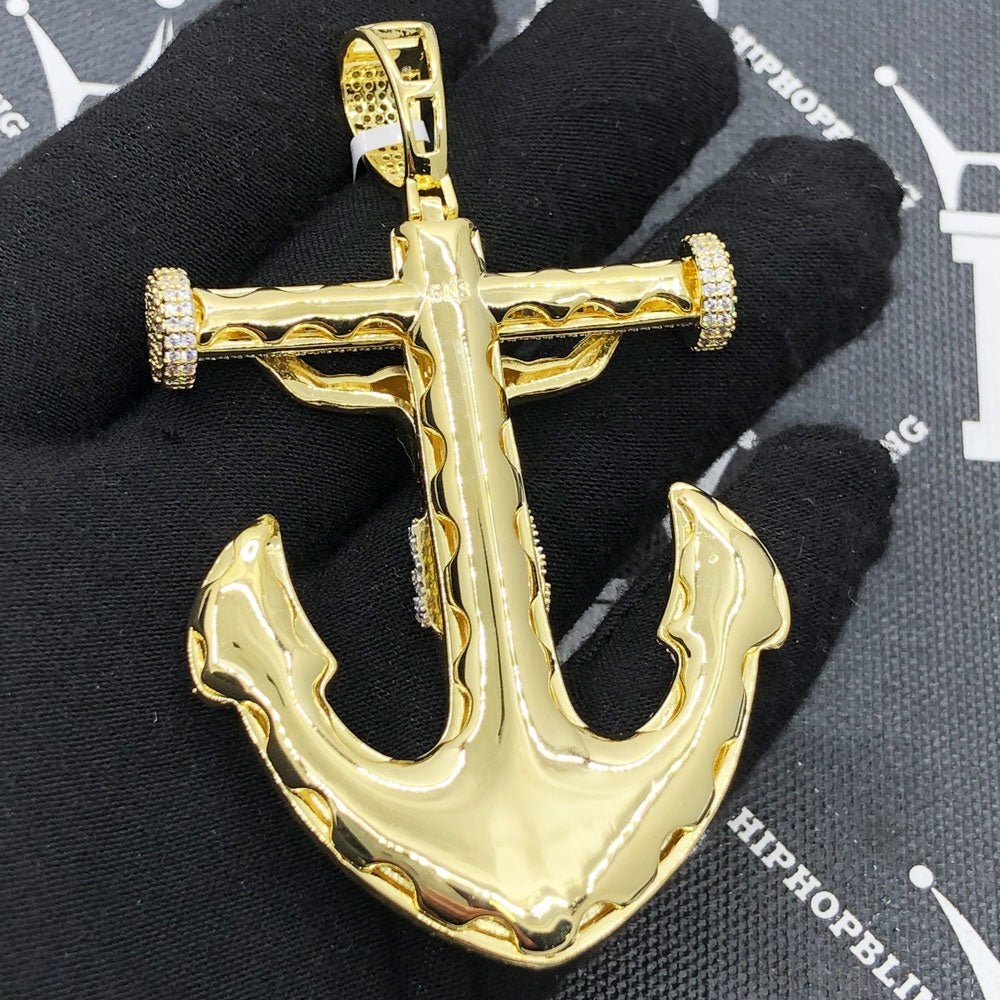 Jesus Anchor Baguette VVS CZ Hip Hop Iced Out Pendant Yellow Gold HipHopBling