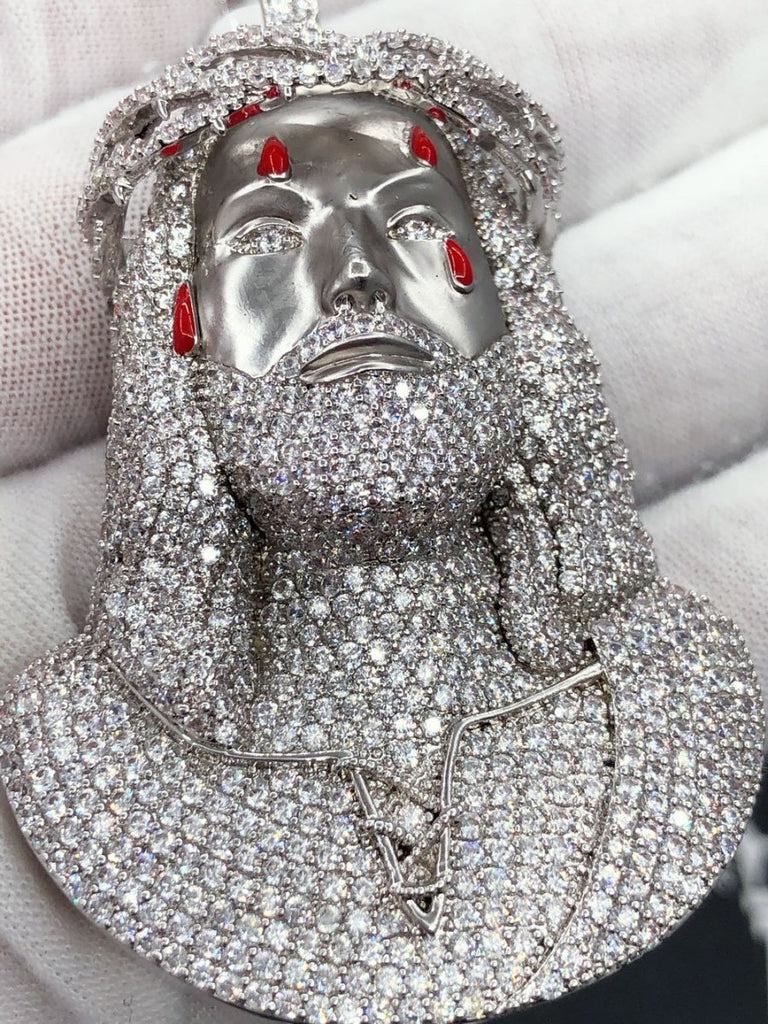 Jesus Bust 3D Tears CZ Hip Hop Bling Pendant White Gold HipHopBling