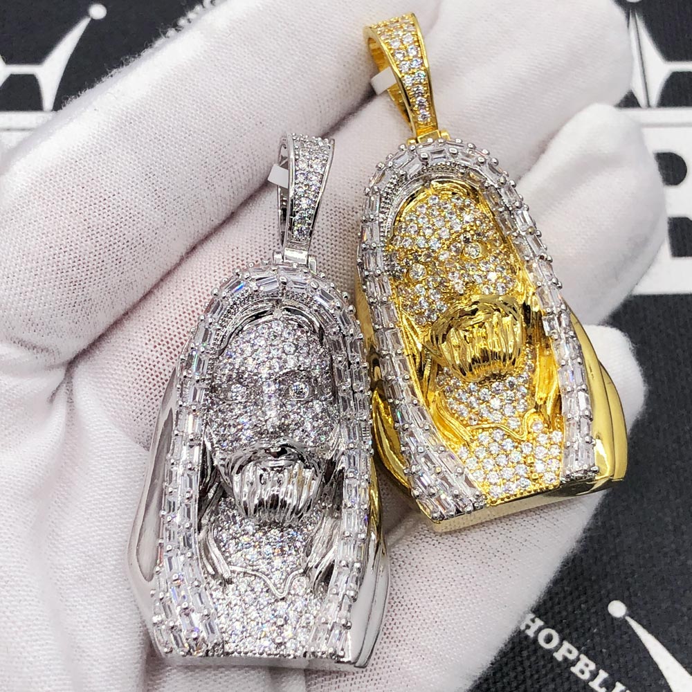 Jesus Bust Baguette CZ Hip Hop Iced Out Pendant Yellow Gold HipHopBling