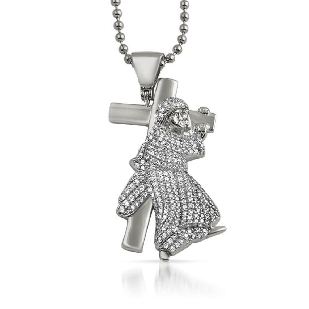 Jesus Carrying Cross CZ Bling Pendant Rhodium Pendant Only HipHopBling
