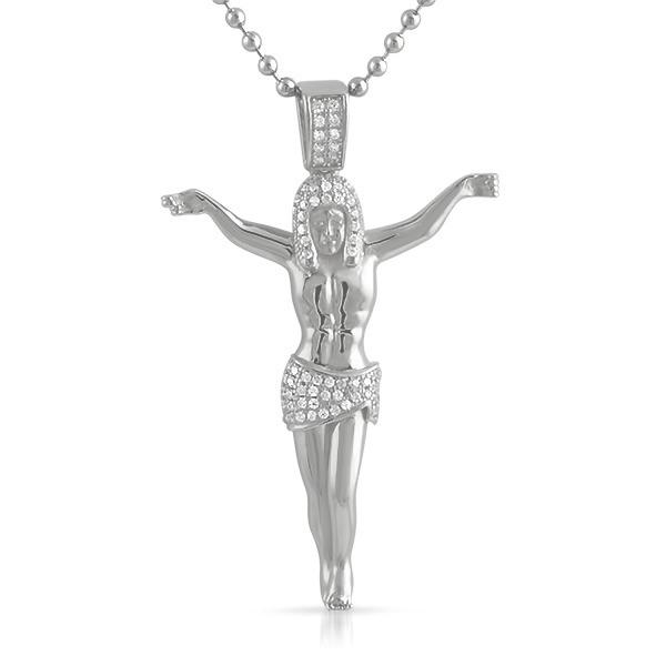 Jesus Crucifix .925 Sterling Silver CZ Pendant White Gold HipHopBling