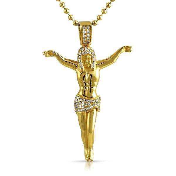 Jesus Crucifix .925 Sterling Silver CZ Pendant Yellow Gold HipHopBling