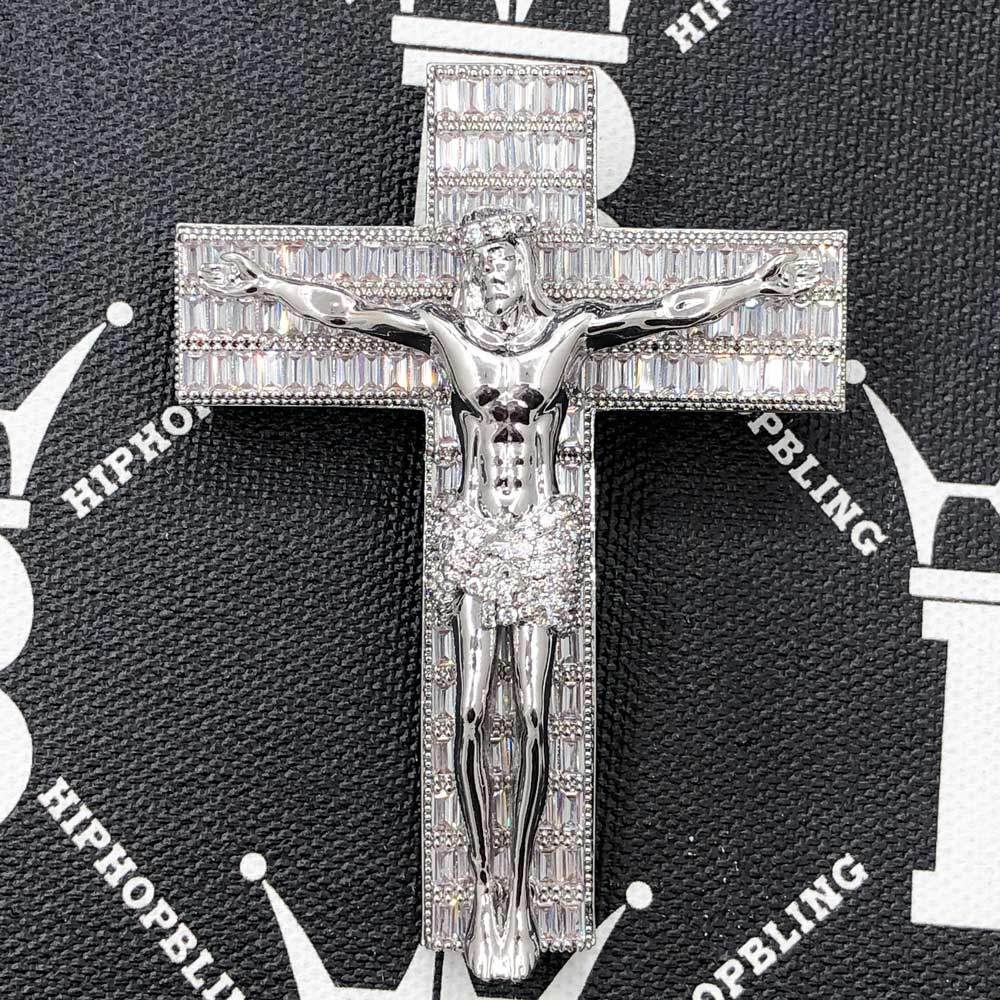 Jesus Crucifix Baguette Cross CZ Hip Hop Bling Bling Pendant White Gold HipHopBling