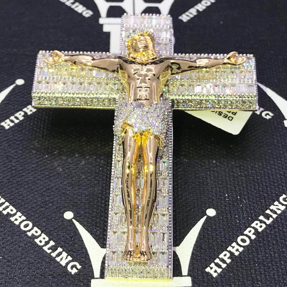 Jesus Crucifix Baguette Cross CZ Hip Hop Bling Bling Pendant Yellow Gold HipHopBling