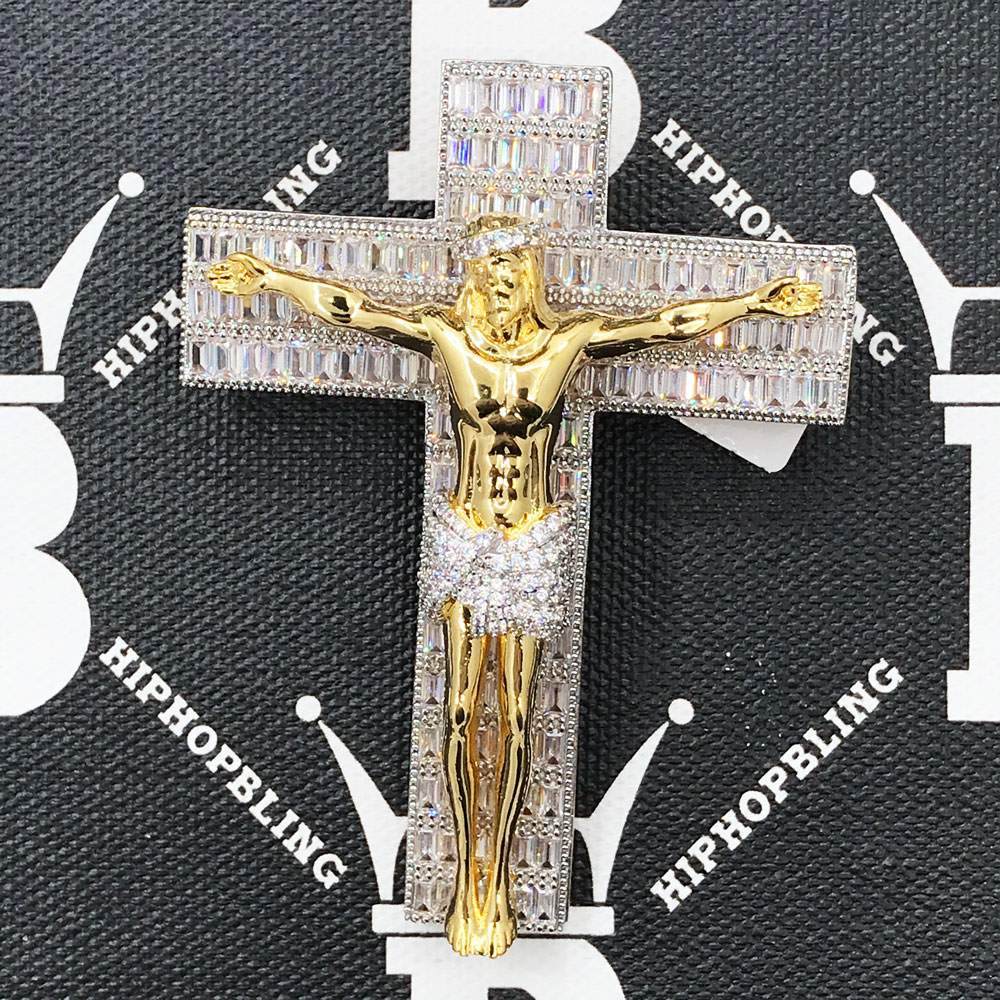 Jesus Crucifix Baguette Cross CZ Hip Hop Bling Bling Pendant Yellow Gold HipHopBling