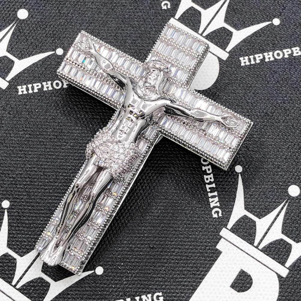 Jesus Crucifix Baguette Cross CZ Hip Hop Bling Bling Pendant Yellow Gold HipHopBling