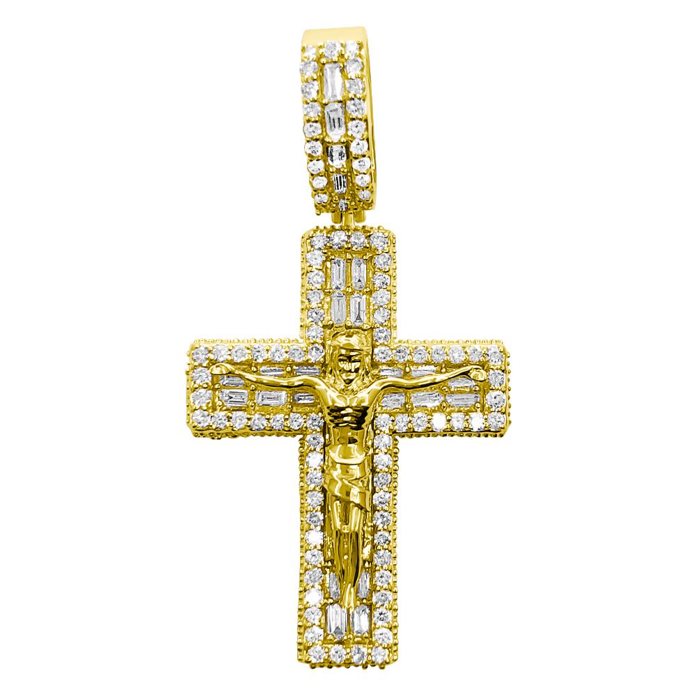 Jesus Crucifix Block Baguette Diamond Pendant 1.40cttw 10K Yellow Gold HipHopBling