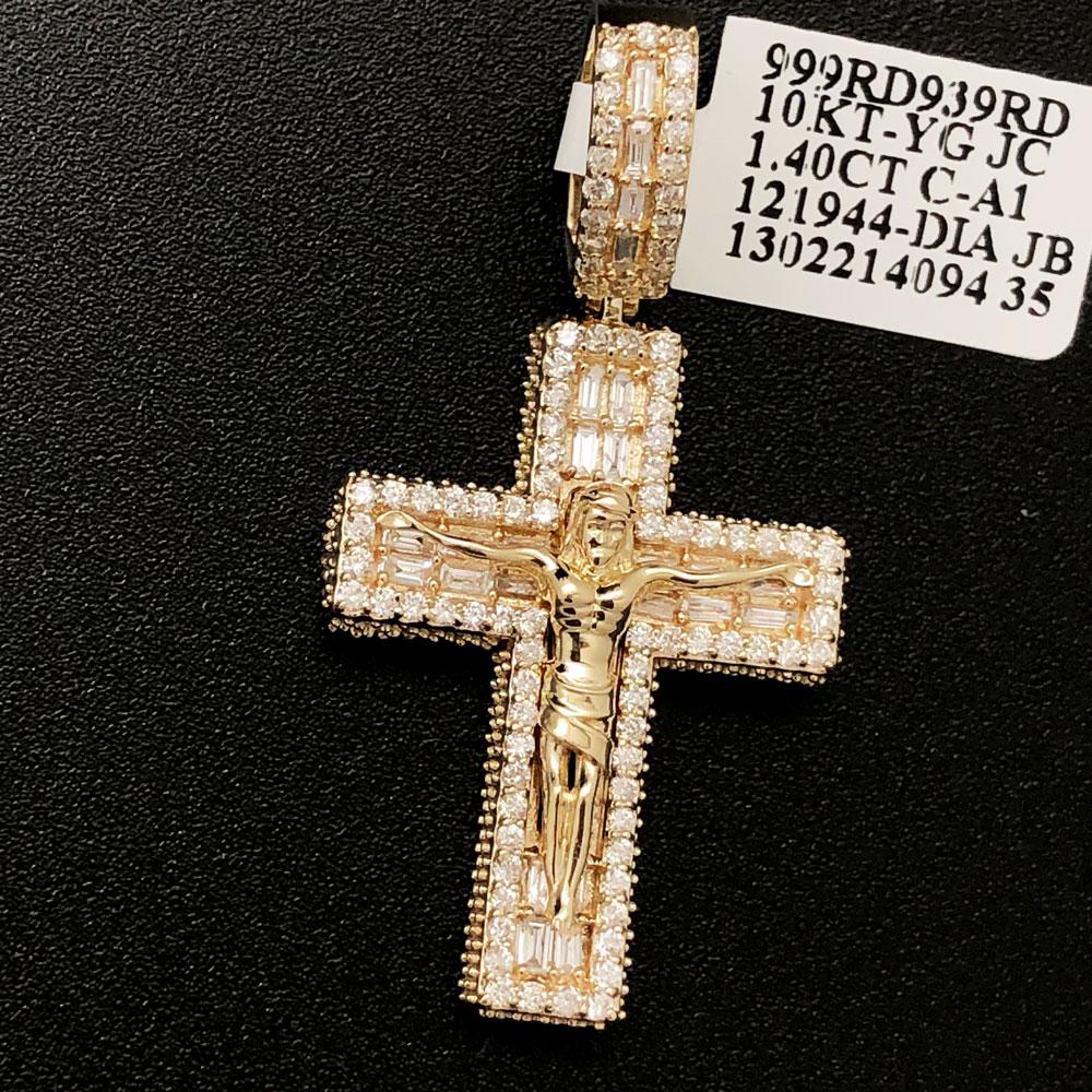 Jesus Crucifix Block Baguette Diamond Pendant 1.40cttw 10K Yellow Gold HipHopBling